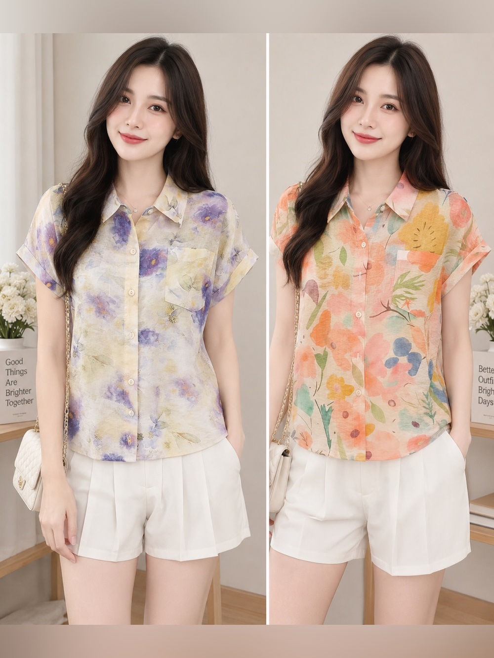 Short-Sleeve Floral Button-Down Shirt - Purple Floral